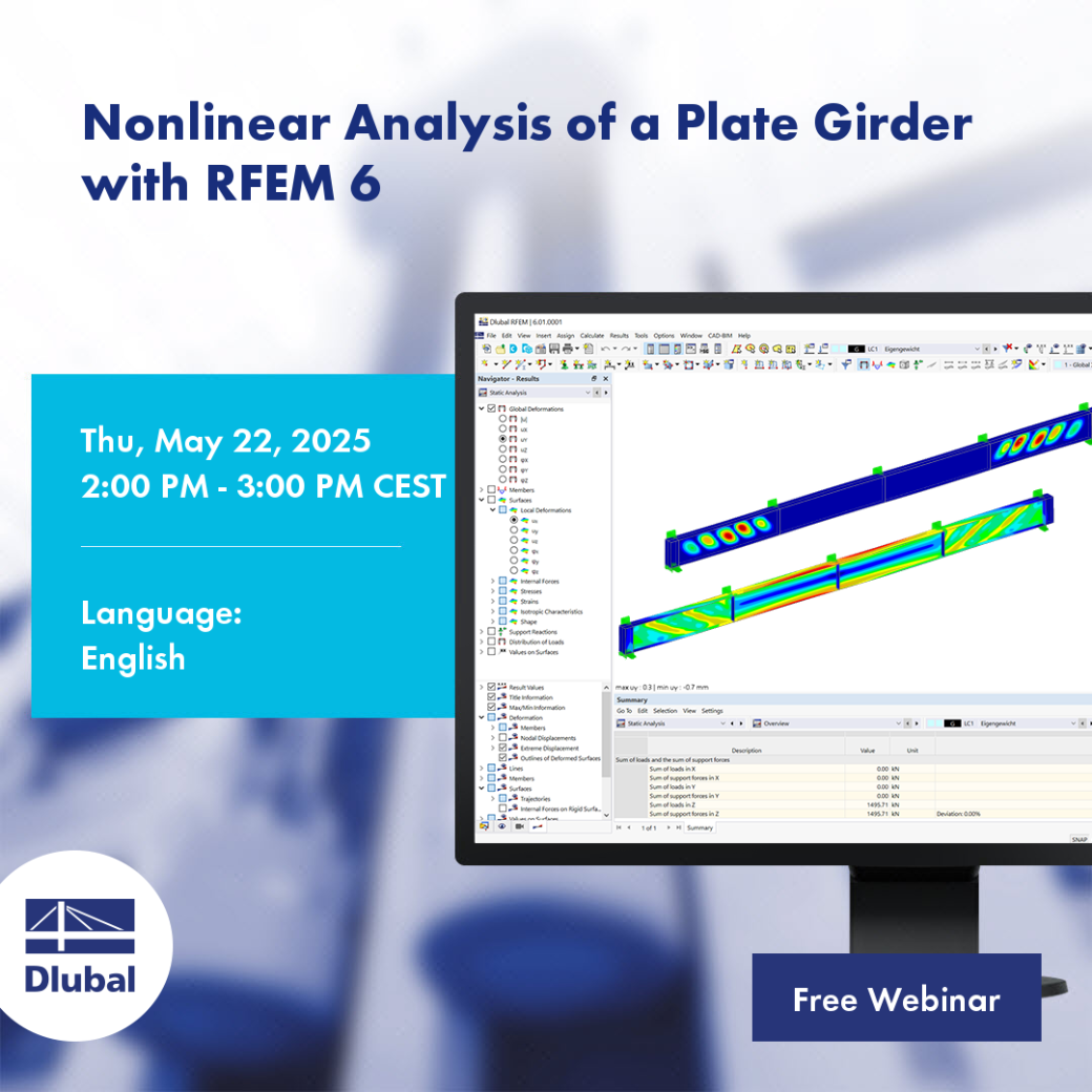 Zrzut ekranu z RFEM 6 pokazujący analizę nieliniową dźwigara z blachy 

#nonlinear_analysis
#plate_girder