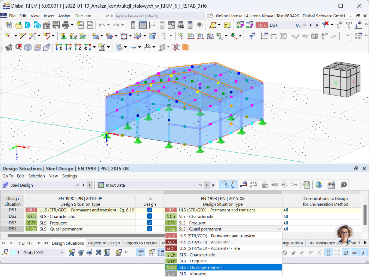 Configuration of design situations for steel design using RFEM 6 interface. Details include material properties, load cases, and combinations.