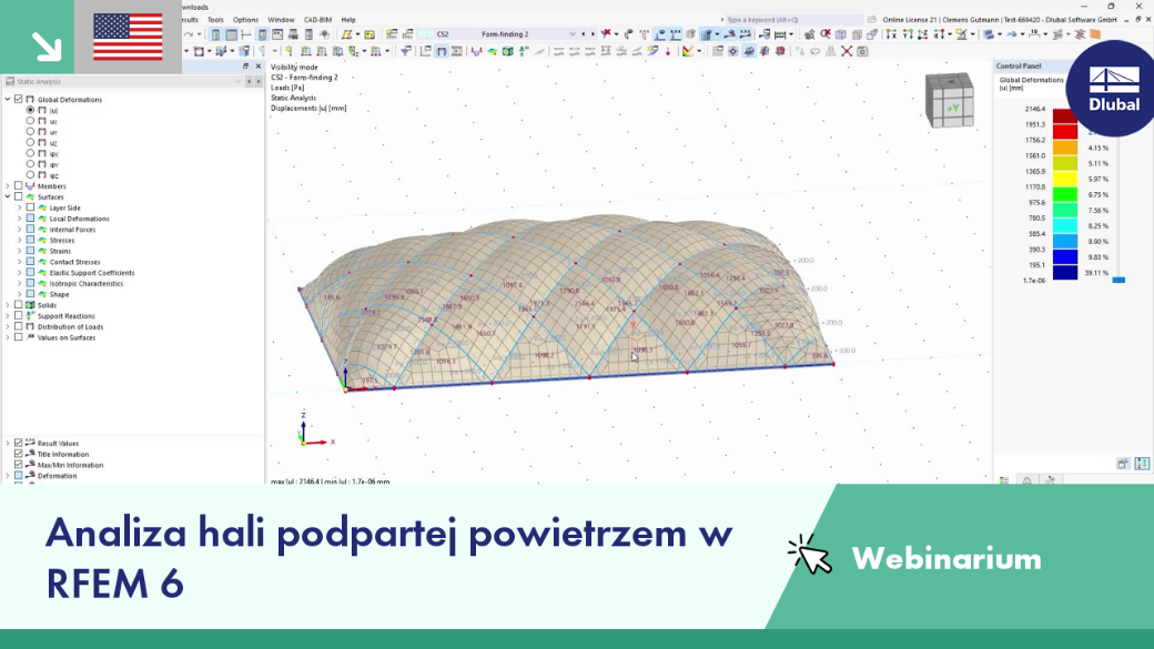 Webinarium dotyczące obliczania konstrukcji hali pneumatycznej z wykorzystaniem funkcji oprogramowania RFEM 6 do modelowania i oceny obciążeń