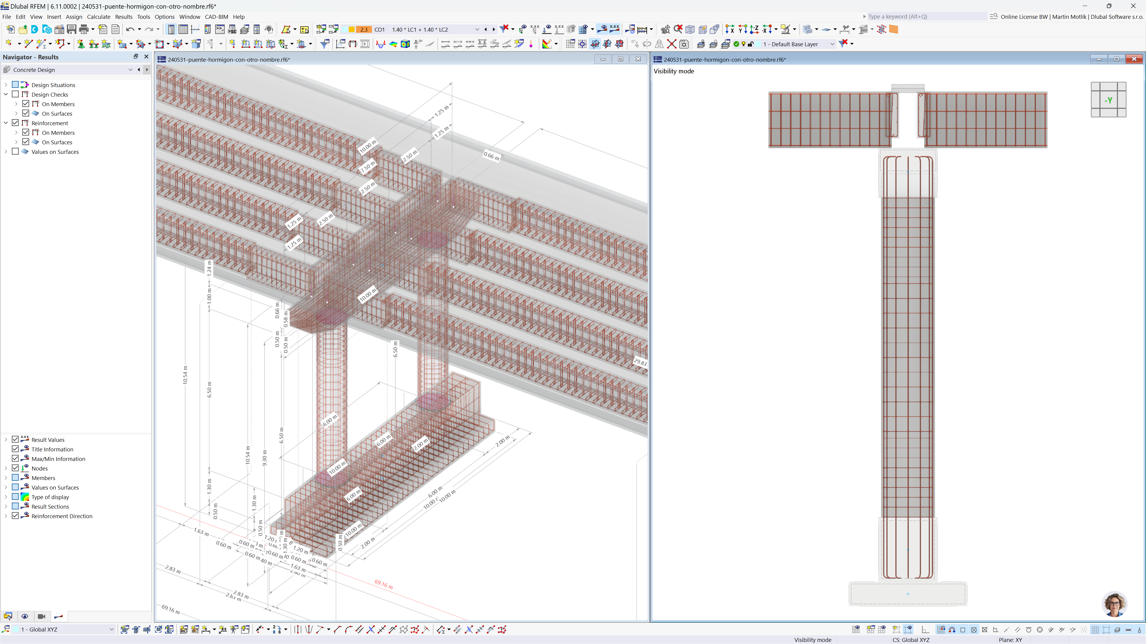 Wyświetlanie żelbetowego mostu w RFEM 6 przedstawiające szczegółowe zbrojenie z aktywnym rozszerzeniem Projektowanie konstrukcji betonowych.