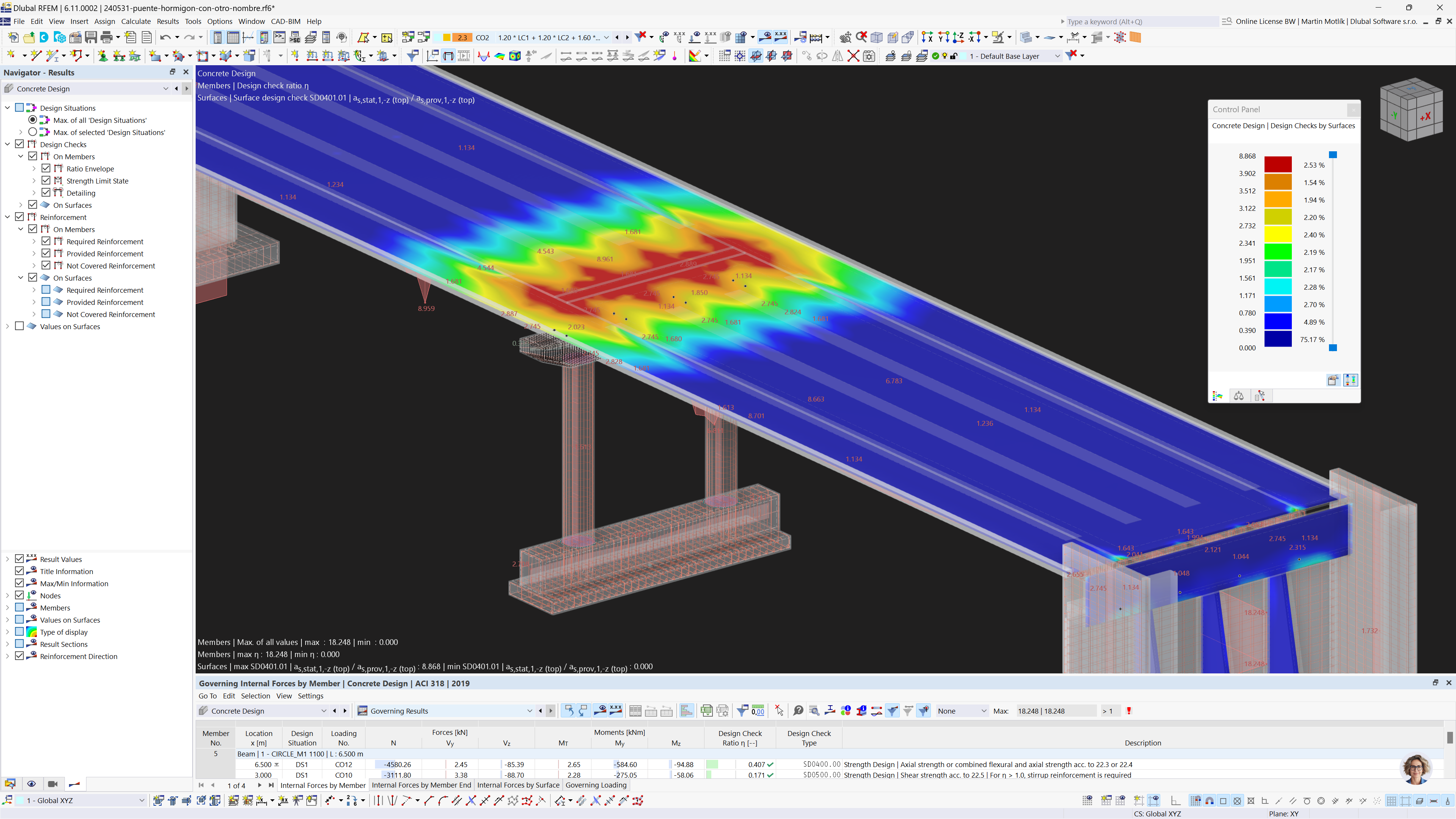 Model RFEM żelbetowego mostu z zaznaczonymi obliczeniami powierzchni przy użyciu rozszerzenia Projektowanie konstrukcji betonowych.