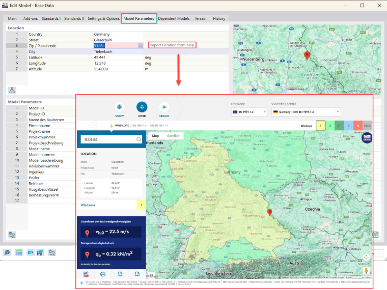 Rysunek ilustruje proces importowania lokalizacji geograficznej modelu z mapy w interfejsie oprogramowania RFEM 6.