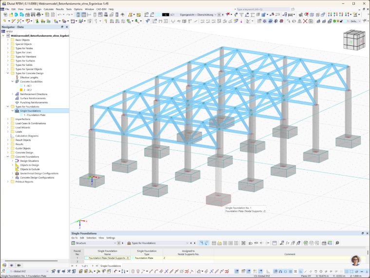Fundamenty betonowe zamodelowane przy użyciu rozszerzenia Fundamenty betonowe w RFEM 6, prezentujące szczegółowe elementy konstrukcyjne