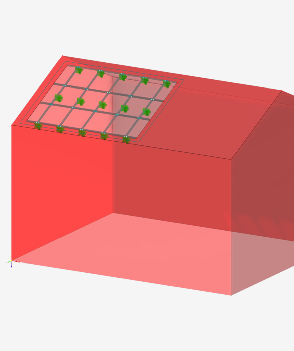 Symulacja za pomocą programu RFEM 6 będąca wizualizacją analizy obciążeń wiatrem na systemach fotowoltaicznych zamontowanych na dachu.