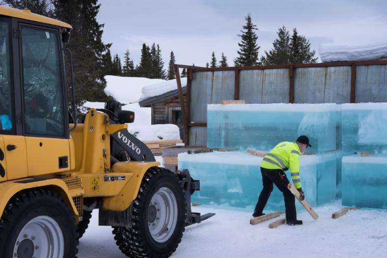 Pracownik odbudowujący Icehotel w Szwecji, umieszczający bloki lodu