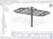 Model RFEM konstrukcji stalowej stacji ładowania, przedstawiający szczegóły konstrukcyjne.