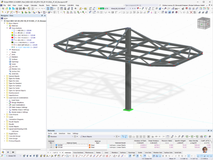Model RFEM konstrukcji stalowej stacji ładowania, przedstawiający szczegóły konstrukcyjne.