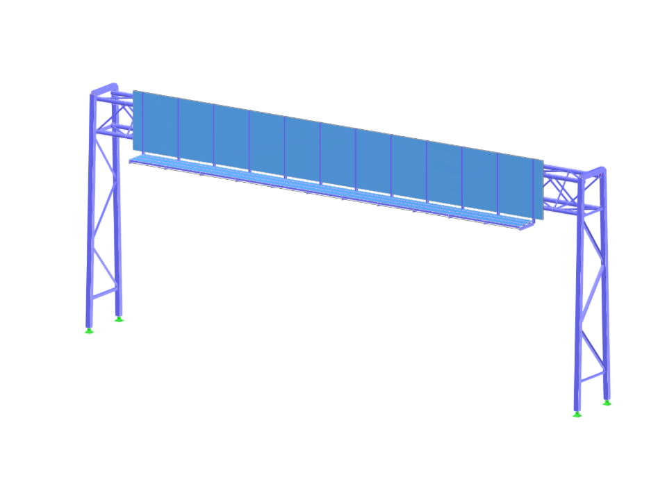 Konstrukcja stalowa tablicowego wiaduktu nad drogą pod bezchmurnym niebem.