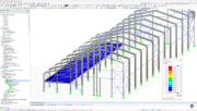 Model dwukondygnacyjnej hali stalowej do serwisowania tramwajów utworzony w programie RFEM 5.
