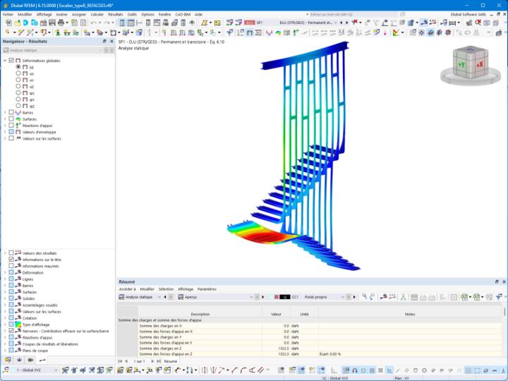 Model schodów B w RFEM z przypadkiem obciążenia i deformacjami