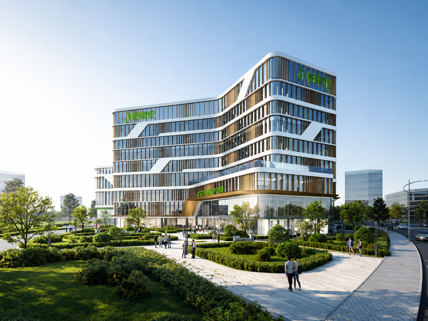 Siedmiopiętrowy budynek w konstrukcji hybrydowej z elewacją drewniano-szklaną nad brzegiem jeziora w Chinach, renderingowa wizualizacja powłoki budynku.