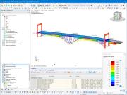 Wizualizacja deformacji globalnych w mm mostu Molino obliczonych w programie RFEM, przedstawiająca maksymalne przemieszczenia w kombinacji wyników