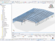 Model 3D hali stalowej z dachem kratowym i słupami w RFEM, obejmujący przypadki obciążenia dla wiatru, śniegu i instalacji PV