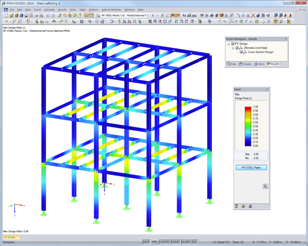 RF-STEEL Plasticity: Gráfico de resultados com rácio de cálculo