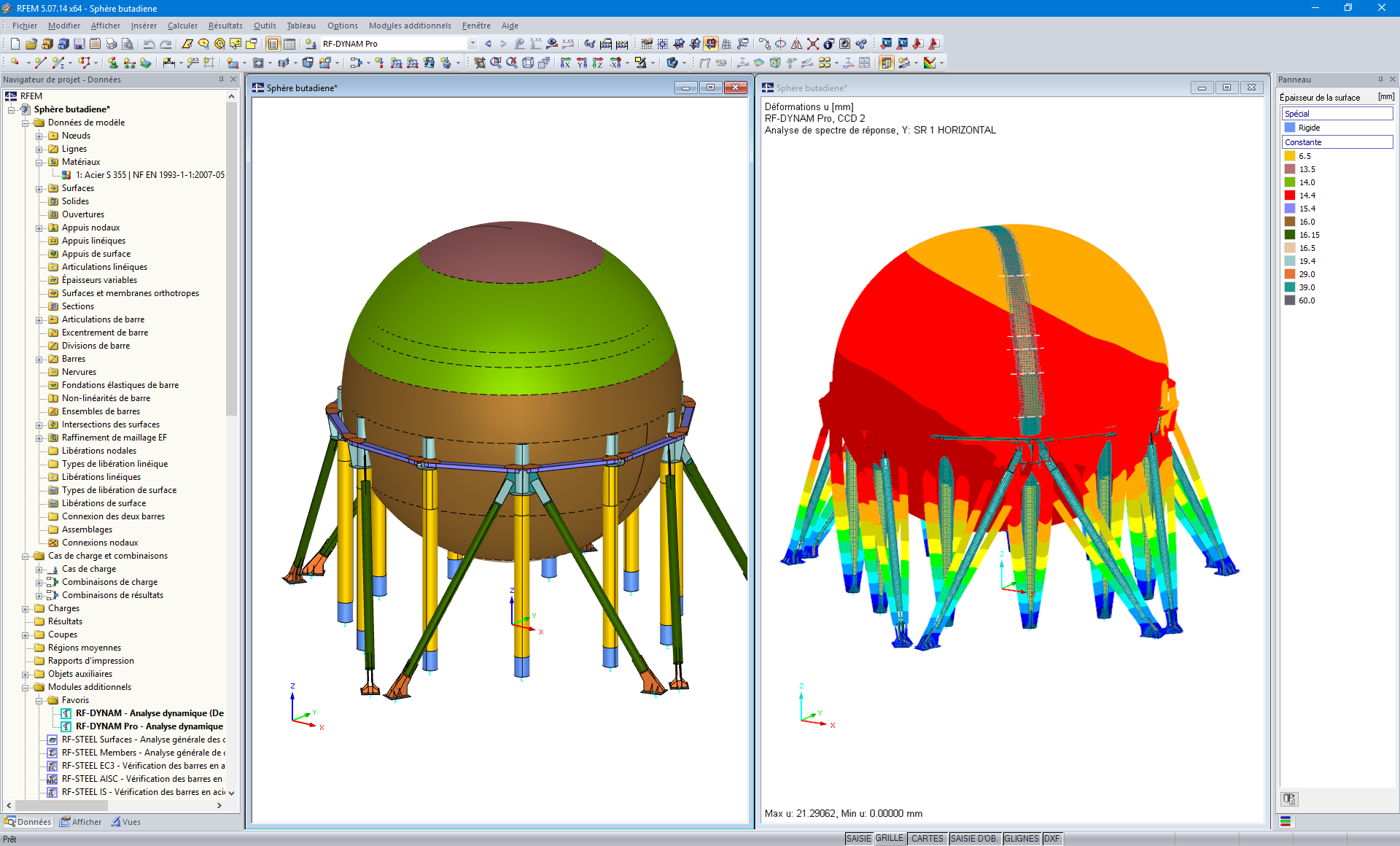 Modelo analítico 3D no RFEM (esquerda) e forma própria calculada no RF-DYNAM Pro (direita)