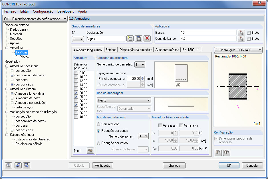Configurações da armadura para pilares