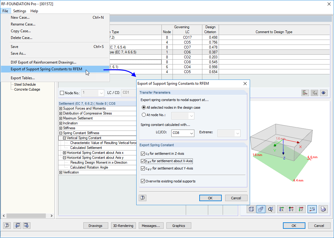 Menu para exportar constantes de mola do RF-FOUNDATION Pro