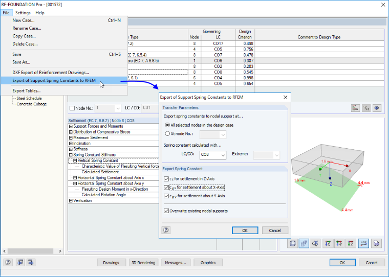 Menu para exportar constantes de mola do RF-FOUNDATION Pro