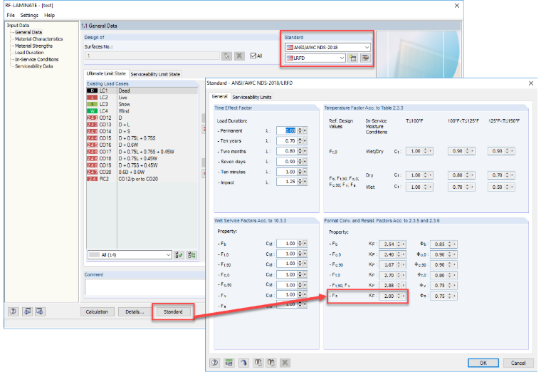 Fator de conversão de formato, KF, para dimensionamento de acordo com 2018 NDS e LRFD no RF-LAMINATE