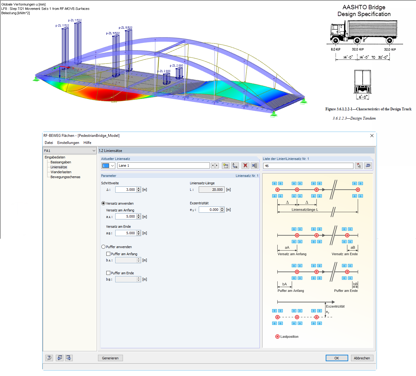 Casos de carga em movimento gerados a partir do RF-MOVE Surfaces no modelo do RFEM