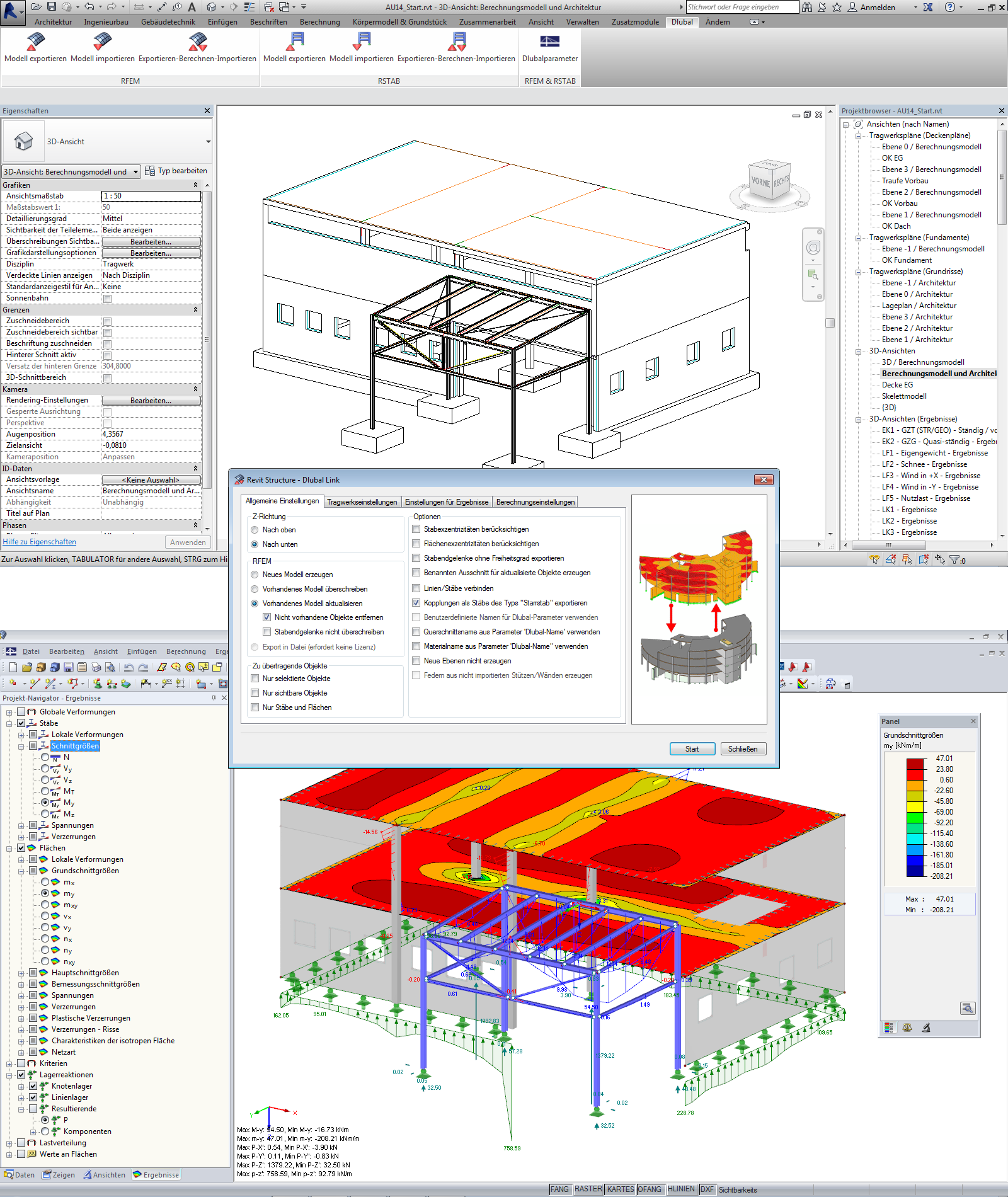 Acima: Modelo BIM com objetos estruturais integrados no Autodesk Revit Structure. Centro: Caixa de diálogo Controlo para transferir o modelo de análise do Revit Structure para o RFEM. Inferior: Modelo de análise calculado no RFEM
