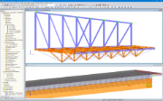 Modelos 3D no RFEM: "vigas Zipper" ligadas a uma treliça de aço (em cima) e vigas mistas de madeira e betão com ligadores de aço modelados (em baixo) (© Equilibrium Consulting Inc.)