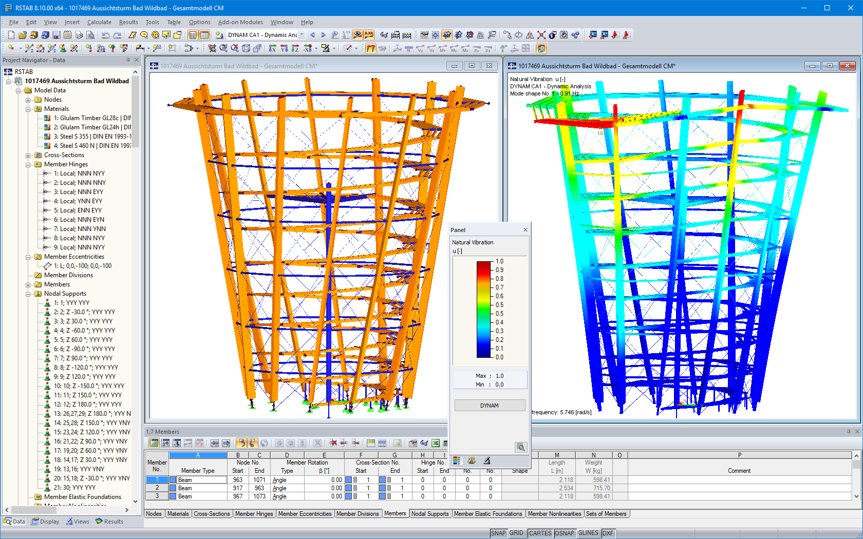 Modelo em 3D e primeira forma própria da torre de observação no RSTAB (© WIEHAG GmbH)