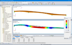 Modelo e primeira forma própria da ponte no RFEM (© IB Miebach)
