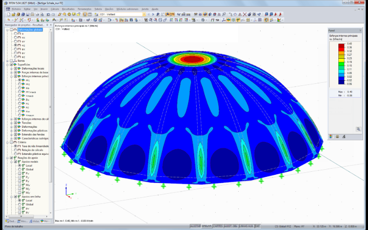 RFEM-Grafik mit Darstellung der max. Momente von 0,40 kNm/m in der Schale (Endzustand) unter Eigengewicht und 1,50 kN/m² Schnee (© TU Wien)
