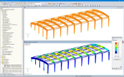 Modelo em 3D da cobertura (em cima) e resultados de dimensionamento no RF-TIMBER Pro (em baixo) no RFEM (© Rodentia SIA)