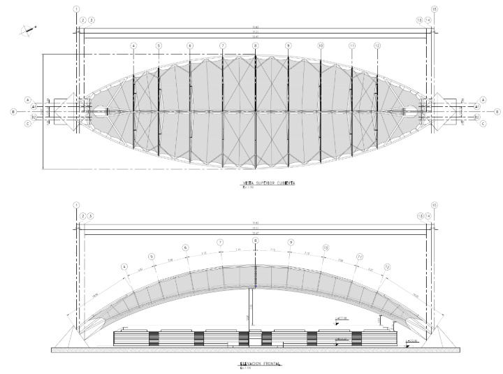 Recorte do desenho com vista de cima (superior) e corte da cobertura (inferior, © FHS Ingeniería Estructural Ltda.)