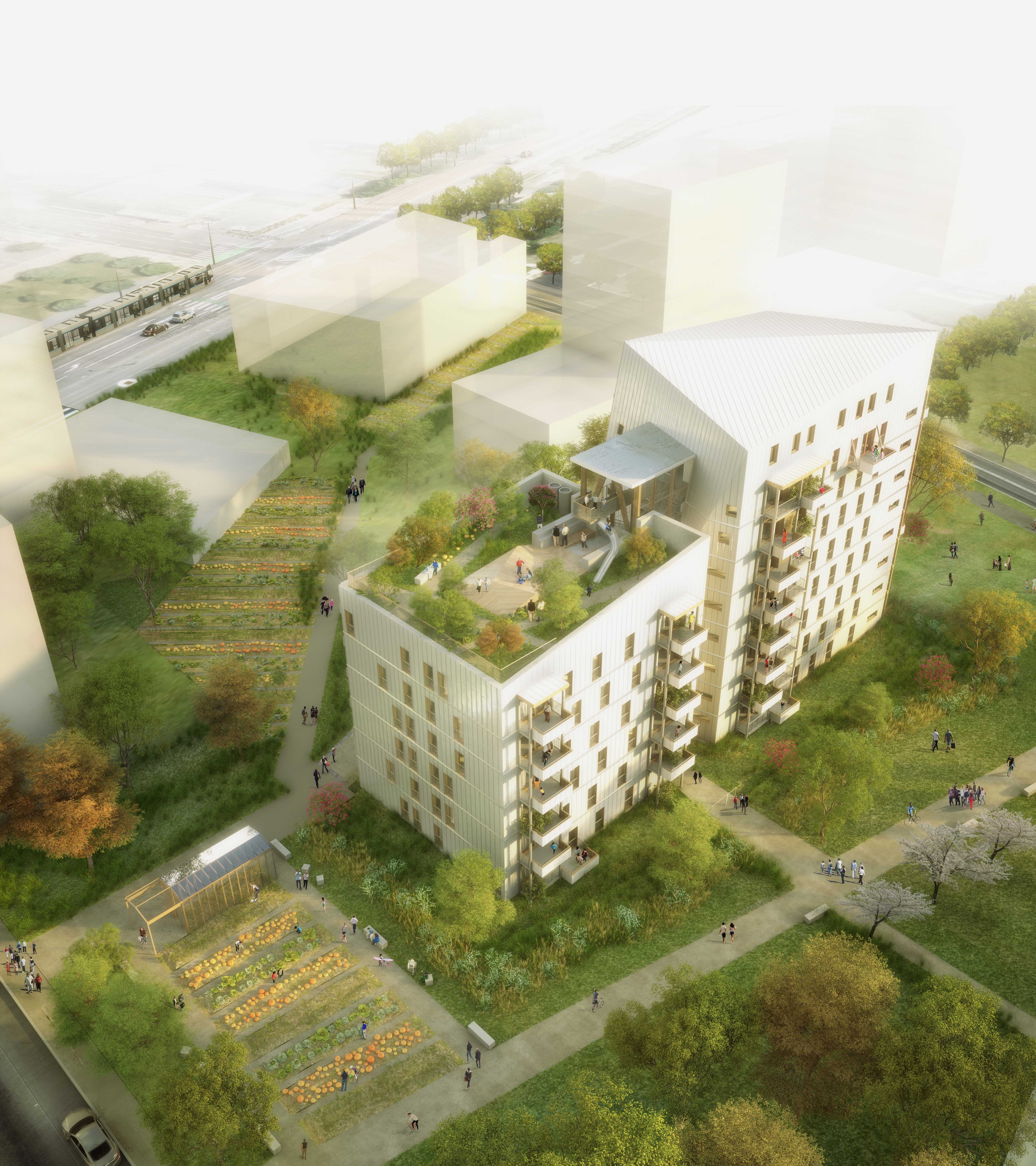 Vista sudeste do edifício Le Haut-Bois (© Ingénierie Bois)
