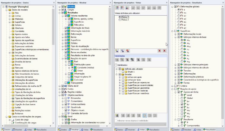 Separadores "Dados", "Mostrar", "Vistas" e "Resultados" do navegador de projetos