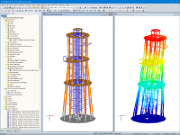 Modelo (esquerda) e deformações (direita) da torre de observação no RFEM (© Ingenieurbüro Braun GmbH & Co. KG)