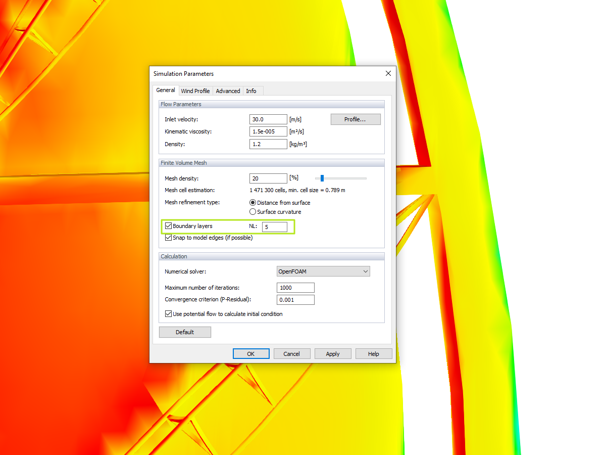 Malha de camadas de superfície do modelo no RWIND Simulation