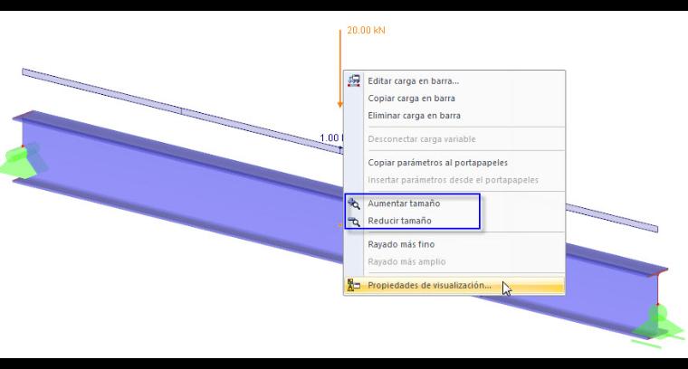Menu de atalho da carga