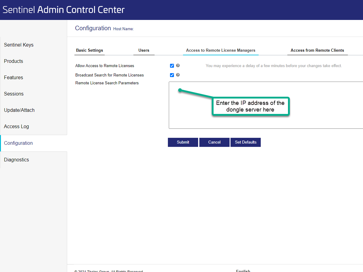 Configurações no Admin Control Center