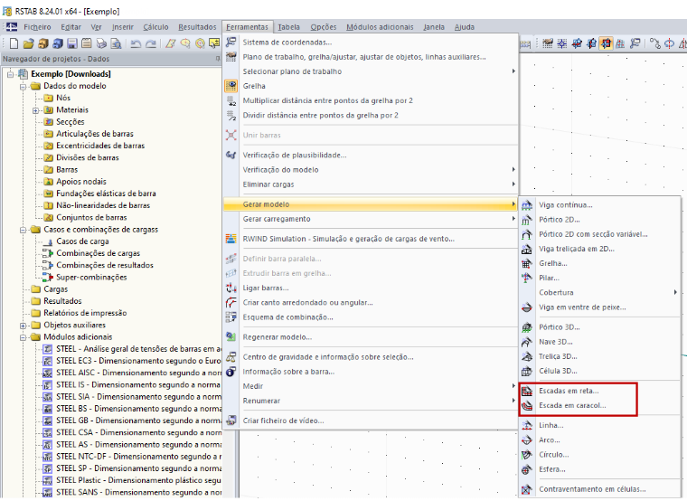 Menu do RSTAB para criar escadas