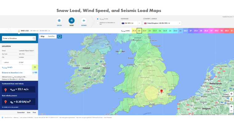 Serviço online "Mapas de cargas de neve, velocidades de vento e cargas sísmicas"