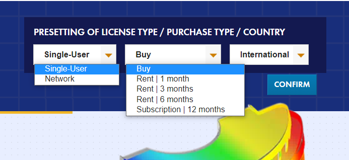 pré-seleção de tipo de licença / aquisição