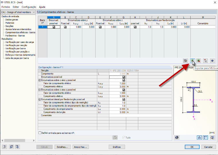Exportação/importação de comprimentos efetivos para/do EXCEL no módulo STEEL EC3