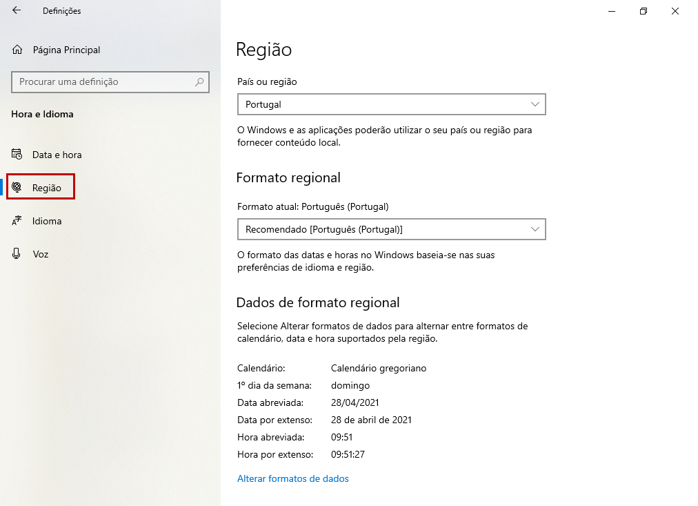 Alterar região