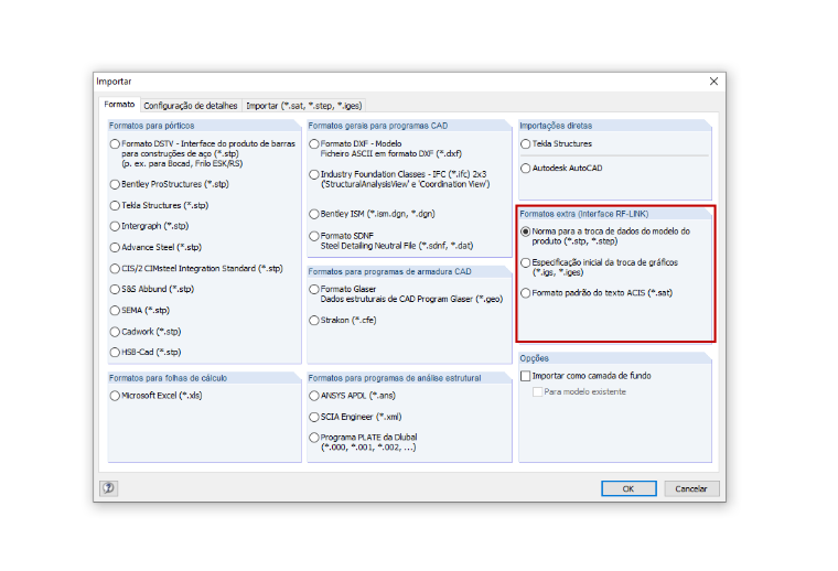 Opções de importação adicionais com o módulo adicional RF-LINK