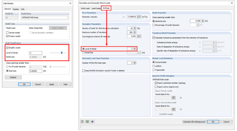 Configuração do nível de detalhe no RWIND Simulation (esquerda) e no RFEM (direita)