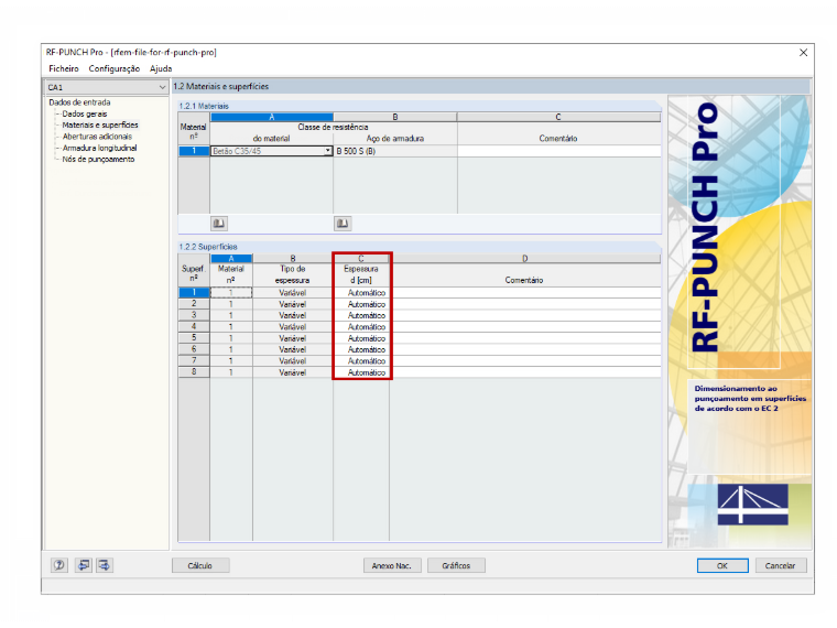 Janela 1.2 Materiais e superfícies no RF-PUNCH Pro com a configuração da espessura da superfície