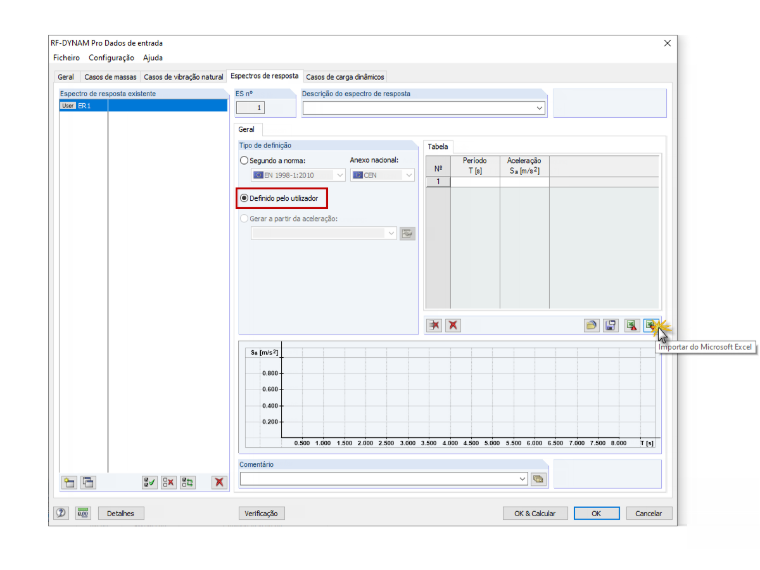 Importação de parâmetros de um espectro de resposta definido pelo utilizador no Excel