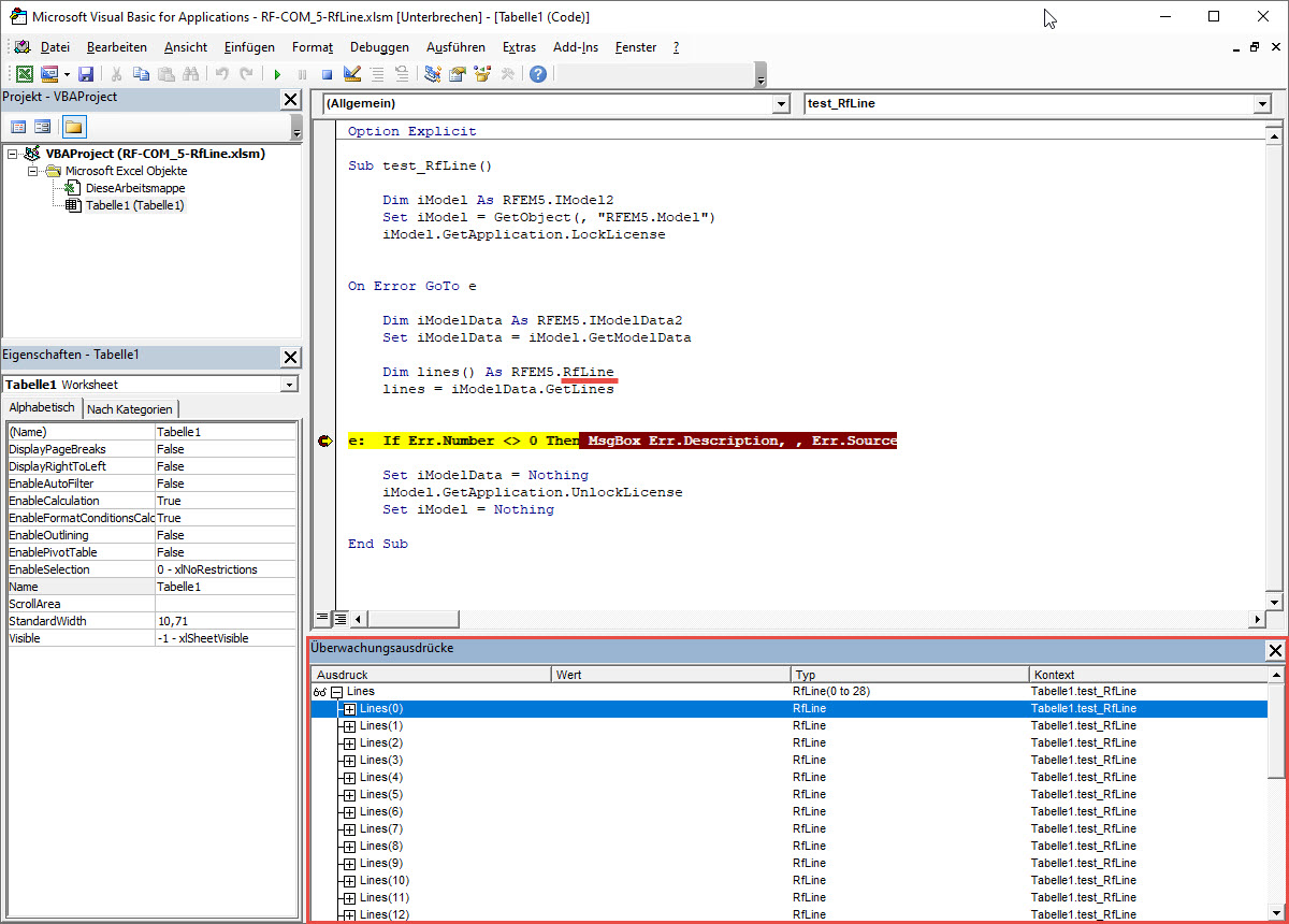 O objeto RFEM.RfLine evita o erro interno do EXCEL.
