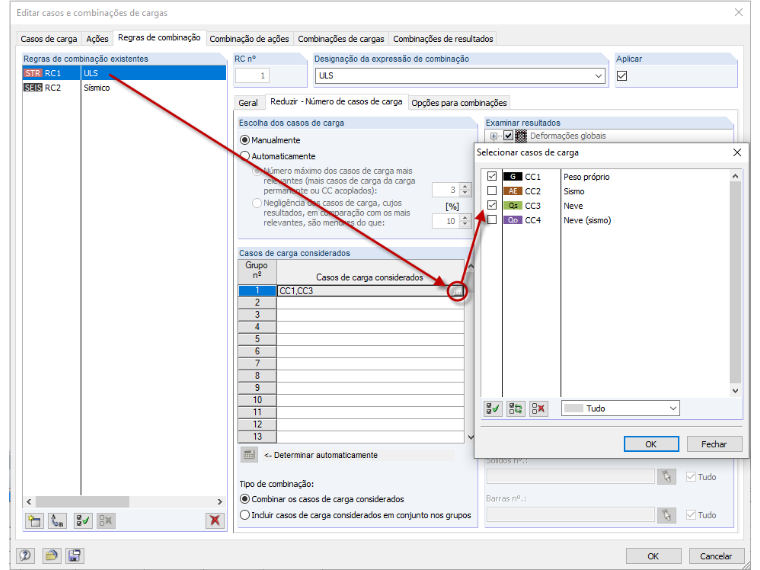 Configurações para situação de dimensionamento permanente/transitório