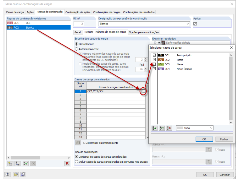 Configuração para a situação de dimensionamento sísmico