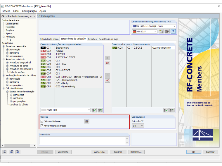 Janela 1.1 no RF-CONCRETE Members com ativação do cálculo NL incl. Fluência e retração